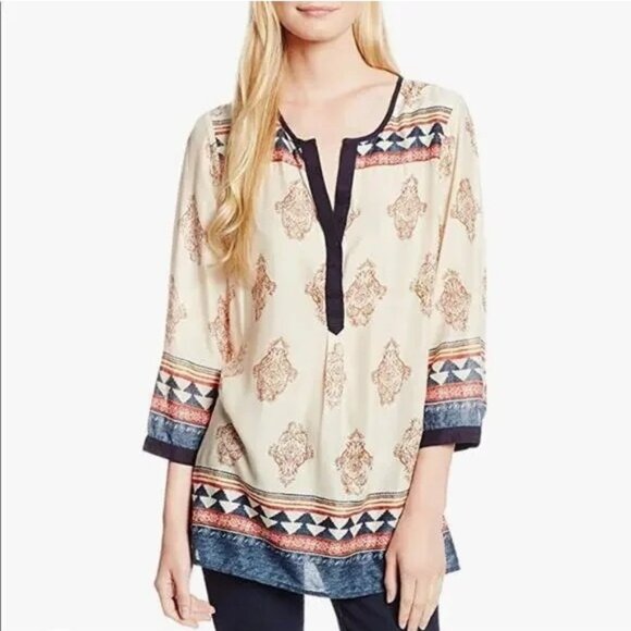 Lucky Brand XL Boho Tunic Top Beige Red Blue Geometric & Paisley Print 3/4 Sleev - Picture 1 of 6